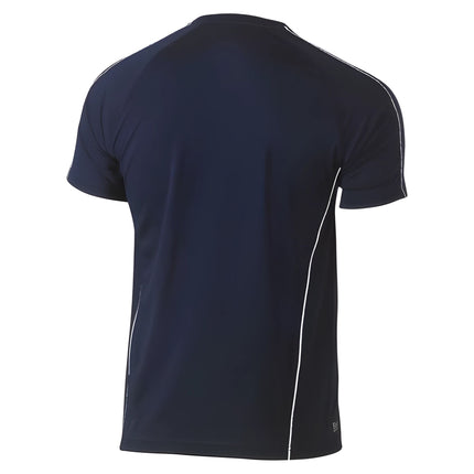 A rear view of a dark blue short-sleeve shirt with white piping on the sleeves and sides.