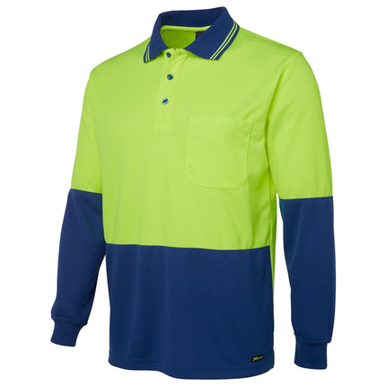 A close-up of a two-tone long-sleeve polo shirt. The top is bright yellow, and the bottom and sleeves are dark blue. It has a single chest pocket and a two-striped collar.