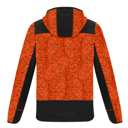 A rear view of a hooded orange and black jacket. The orange speckled body contrasts with the black hood, shoulder, and lower panels.