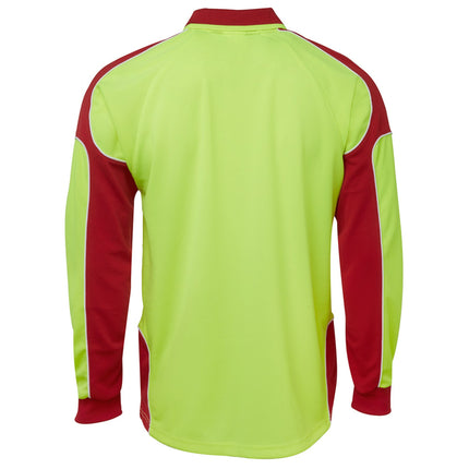 A rear view of a neon yellow and red long-sleeve polo shirt. The back is neon yellow, with red side panels and sleeves outlined with white piping.
