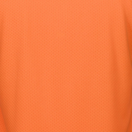 A macro shot of bright orange fabric. The texture is a fine mesh with a pattern of small, interlocking diamonds.