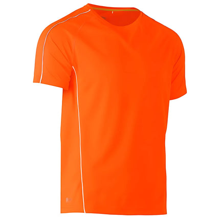 A close-up of a fitted bright orange short-sleeve shirt. It has a high collar with a yellow stripe on the back and white piping on the sleeves and sides.