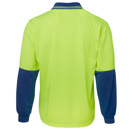 A rear view of a two-tone long-sleeve polo shirt. The back is neon yellow, and the sleeves are dark blue.
