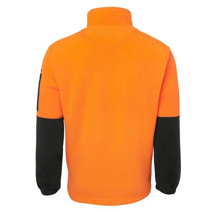 A rear view of a two-tone fleece pullover. The back is all bright orange, and the sleeves are black.