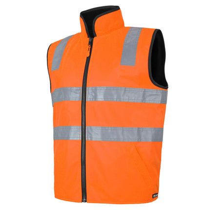 A close-up of a bright orange, high-visibility work vest. It has a high collar with black trim and two wide, gray reflective stripes across the torso and shoulders.
