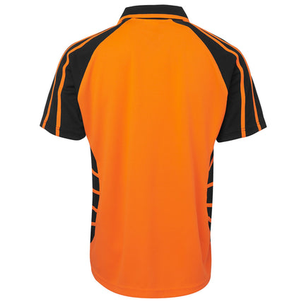 A rear view of an orange and black short-sleeve polo shirt. The back is all orange, with black, athletic-style striped patterns on the sides and sleeves.