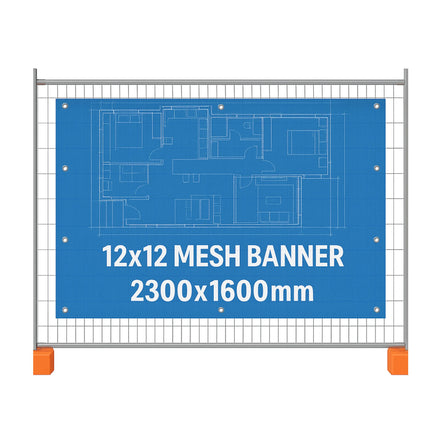 12x12 mesh banner with blueprint design on a white background