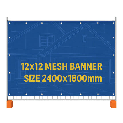 12x12 mesh banner with blueprint design and size information on a white background