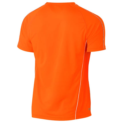 A rear view of a fitted bright orange short-sleeve shirt with white piping on the sleeves and sides.