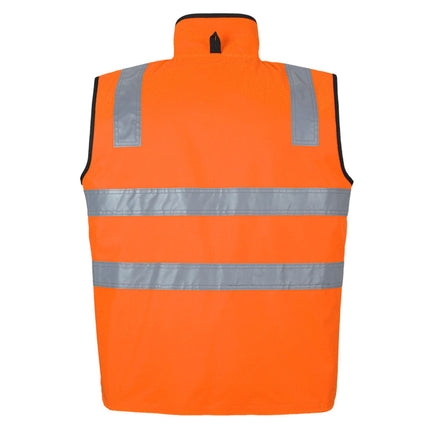 A rear view of a bright orange, high-visibility work vest. It has two wide, gray reflective stripes across the back and two matching stripes on the shoulders.