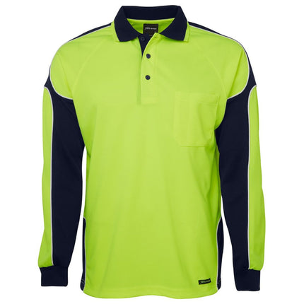  A front view of a long-sleeve polo shirt. The main body is neon yellow with dark blue side panels and sleeves, outlined with white piping. It has a high collar and a single chest pocket.