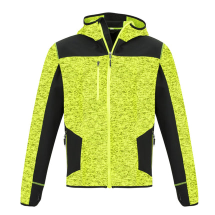A front view of a hooded neon yellow and black jacket. The yellow body has a speckled knit texture. It has a bright yellow zipper, zipper pockets on the chest and sides, and black panels on the hood and sleeves.