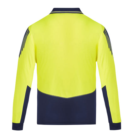 A rear view of a neon yellow and dark blue long-sleeve polo shirt. It has dark blue stripes on the shoulders/sleeves and a contrast lower body panel.