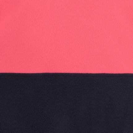 A close-up of a two-tone fleece fabric. The top half is bright pink and the bottom is dark blue, separated by a line of stitching.