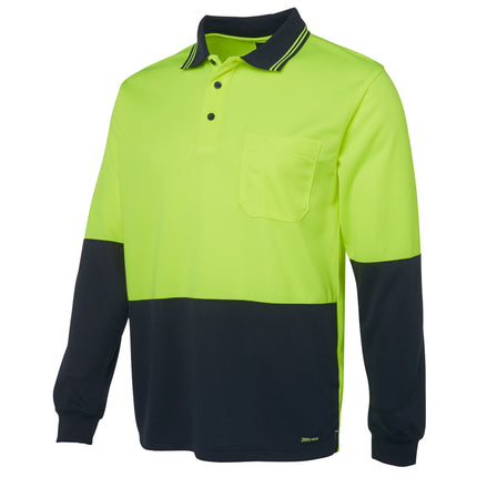 A close-up of a two-tone long-sleeve polo shirt. The top is neon yellow, and the bottom and sleeves are dark blue. It has a single chest pocket and a striped collar.
