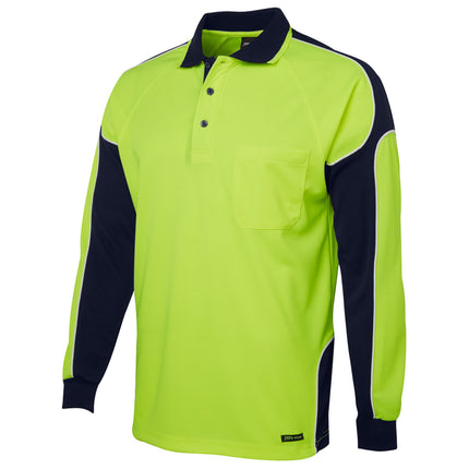 A close-up of a long-sleeve polo shirt. The shirt is neon yellow with dark blue side panels and sleeves, outlined with white piping. It has a high collar with two thin stripes.