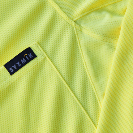 A close-up of the textured, neon yellow mesh fabric with a black SYZMIK label on a pocket flap.