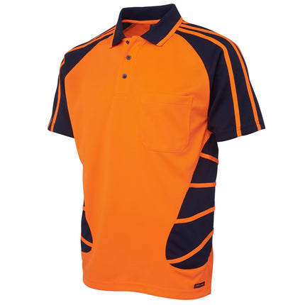 A close-up of a short-sleeve polo shirt. The shirt is orange with a dark blue, athletic-style striped pattern on the sides and sleeves. It has a high collar with two thin stripes and a three-button front.