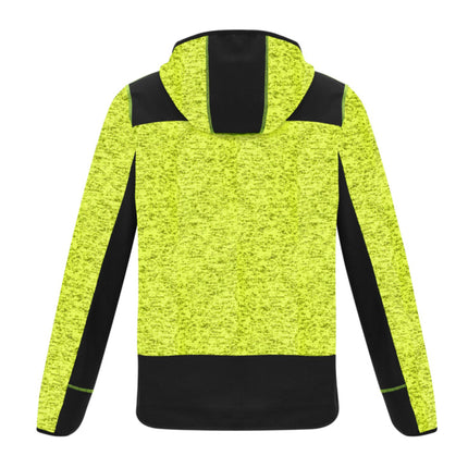 A rear view of a hooded neon yellow and black jacket. The neon yellow speckled body contrasts with the black hood, shoulder, and lower panels.