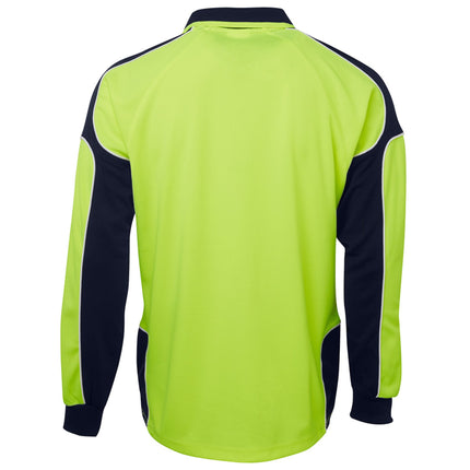 A rear view of a neon yellow and dark blue long-sleeve polo shirt. The back is neon yellow, with dark blue side panels and sleeves outlined with white piping.