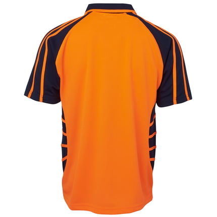 A rear view of an orange and dark blue short-sleeve polo shirt. The back is all orange, with dark blue, athletic-style striped patterns on the sides and sleeves.