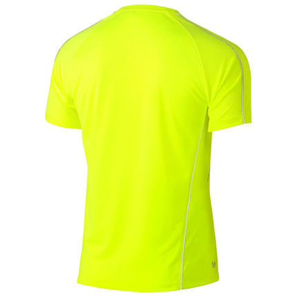 A rear view of a fitted neon yellow short-sleeve shirt with white piping on the sleeves and sides.