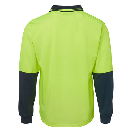 A rear view of a two-tone long-sleeve polo shirt. The back is neon yellow, and the sleeves are dark blue.