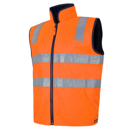 A close-up of a bright orange, high-visibility work vest. It has a high collar with black trim and two wide, gray reflective stripes across the torso and shoulders.
