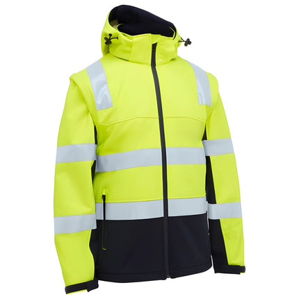 A neon yellow and black work jacket with a hood. It has gray reflective horizontal stripes and matching stripes on the arms.