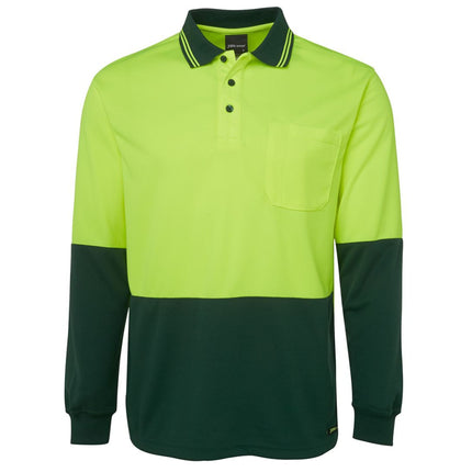 A front view of a two-tone long-sleeve polo shirt. The top is neon yellow, and the bottom and sleeves are dark green. It has a single chest pocket and a striped collar.