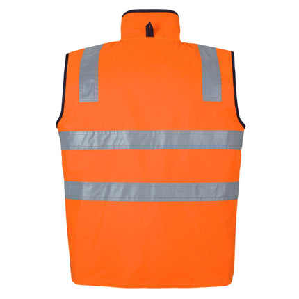 A rear view of a bright orange, high-visibility work vest. It has two wide, gray reflective stripes across the back and two matching stripes on the shoulders.