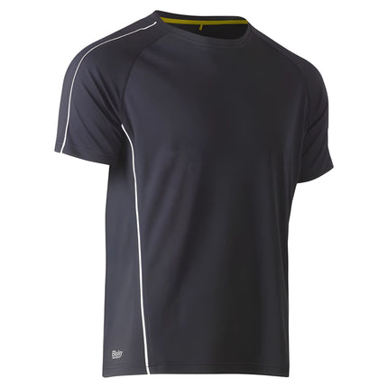 A close-up of a dark gray short-sleeve shirt. It has a high collar with a yellow stripe on the back and white piping on the sleeves and sides.