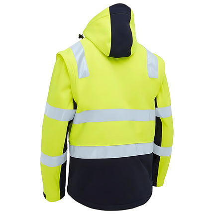 A rear view of a two-tone work jacket. The jacket is neon yellow and black with a hood and two wide, reflective stripes across the back.