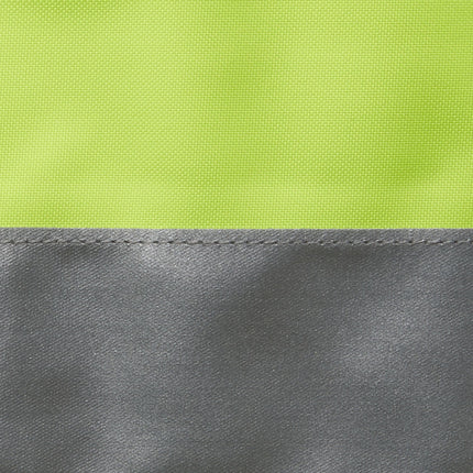 A close-up of a two-tone fabric. The top half is bright yellow, and the bottom is gray, separated by a line of stitching. The top half has a subtle weave, while the bottom half is smooth and shiny.