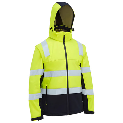 A close-up of a two-tone work jacket. The jacket is neon yellow and black with a hood and reflective stripes on the torso and arms.