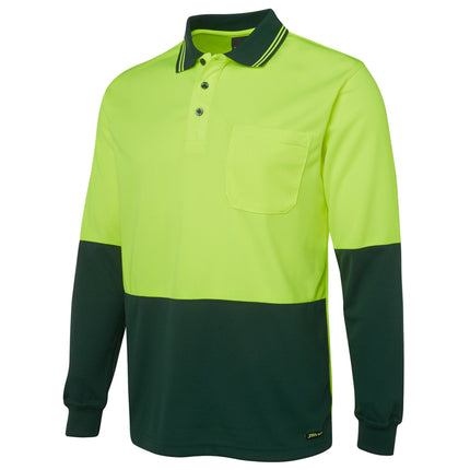  A close-up of a two-tone long-sleeve polo shirt. The top is neon yellow, and the bottom and sleeves are dark green. It has a single chest pocket and a striped collar.
