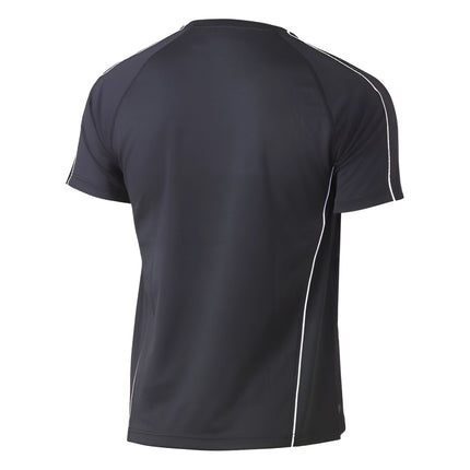 A rear view of a dark gray short-sleeve shirt with white piping on the sleeves and sides.