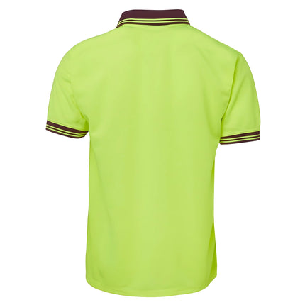 A rear view of a two-tone polo shirt. The back is all neon yellow, and the collar and sleeve cuffs are maroon with two thin stripes.