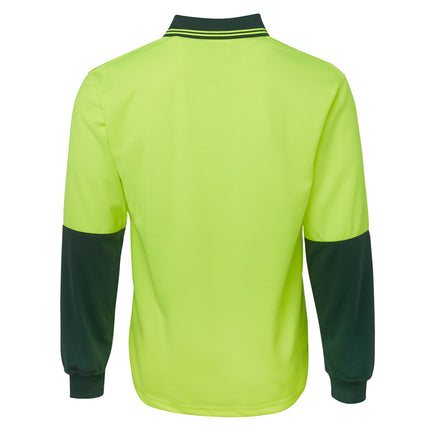 A rear view of a two-tone long-sleeve polo shirt. The back is neon yellow, and the sleeves are dark green.