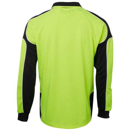 A rear view of a neon yellow and black long-sleeve polo shirt. The back is neon yellow, with black side panels and sleeves outlined with white piping.