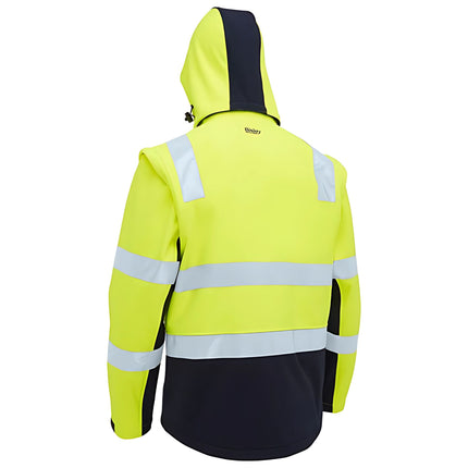 A rear view of a neon yellow and black work jacket. It has a hood and two wide, gray reflective stripes across the back.