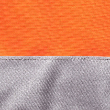 A close-up of a two-tone fabric. The top half is bright orange, and the bottom is gray, separated by a line of stitching. The top half has a subtle weave, while the bottom half is smooth and shiny.