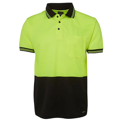 A front view of a two-tone polo shirt. The top is neon yellow, and the bottom and collar are black. It has two thin stripes on the collar and sleeves and a single chest pocket.