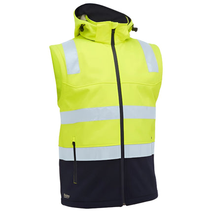 A front view of a two-tone work vest. The vest is neon yellow and black with a high collar and two gray reflective stripes across the torso.