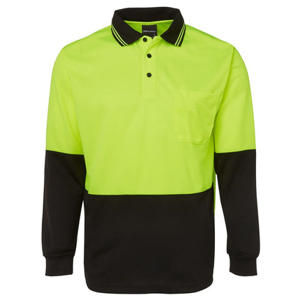 A front view of a neon yellow and black long-sleeve polo shirt. It has a high collar, a single chest pocket, and a three-button front.