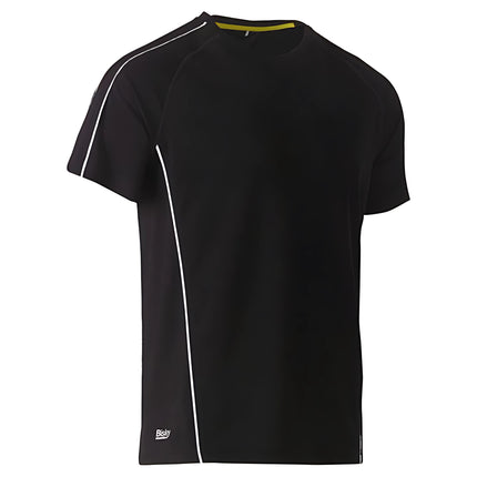 A close-up of a fitted black short-sleeve shirt. It has a high collar and white piping on the sleeves and sides.