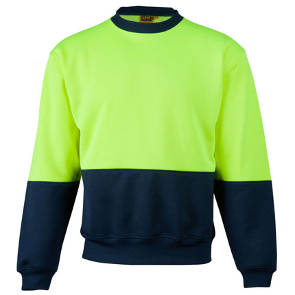 Sweatshirt with high-visibility lime green and navy blue color block design on a white background.
