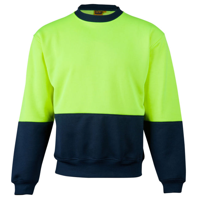 Sweatshirt with high-visibility lime green and navy blue color block design on a white background.