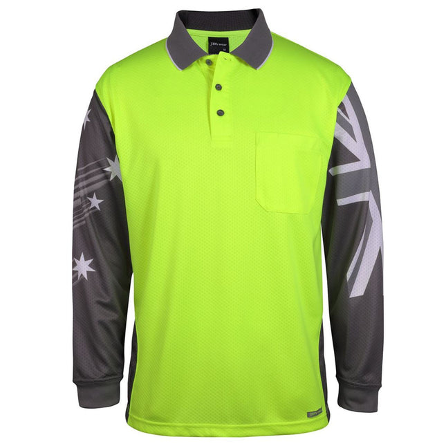 A front view of a neon yellow and dark gray long-sleeve polo shirt. It features a Southern Cross star on the left sleeve, a Union Jack on the right, and a single chest pocket.