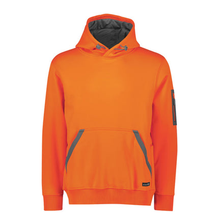 A close-up of an orange hoodie with a gray-lined hood, a front pocket with gray trim, and a gray zipper pocket on the left sleeve.
